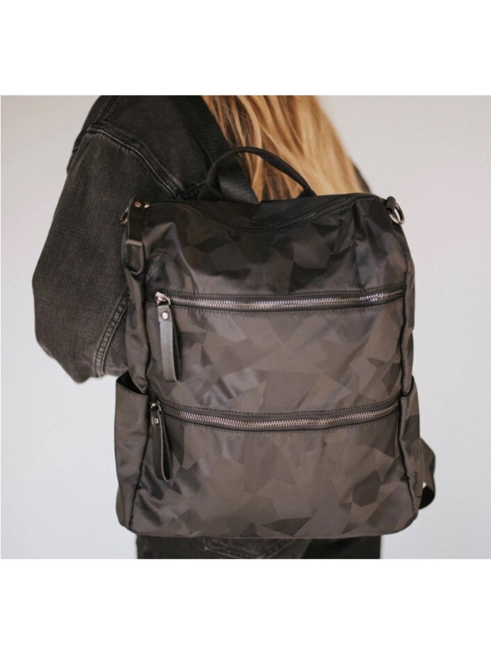Women's Black Geometric Nylon Backpack - Unbranded